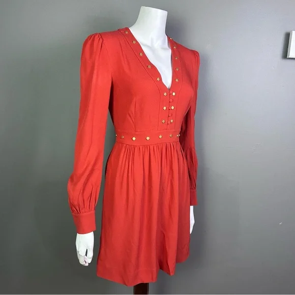 Rachel Zoe dress size 4 long sleeve studded autumn burnt orange feminine puff